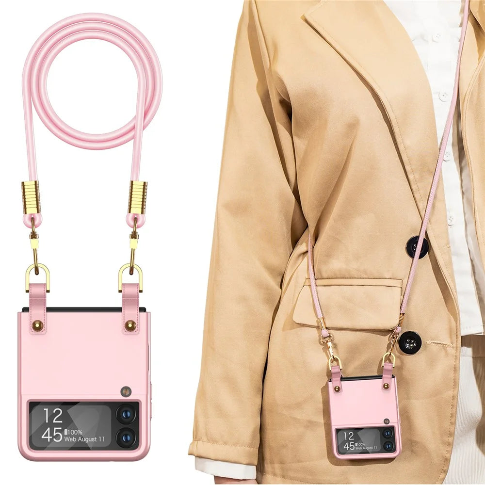 GKK Crossbody Phone Case for Samsung Galaxy Z Flip4 5G, Ultra-thin Leather Coated PC Phone Cover with Shoulder Strap - Pink - 2