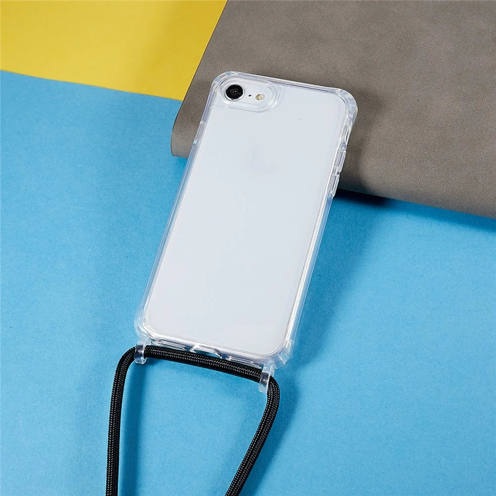 Back Case for iPhone 7 / 8 / SE (2020) / SE (2022), Fall Protection Clear TPU+Acrylic Phone Cover with Lanyard - Black - 3