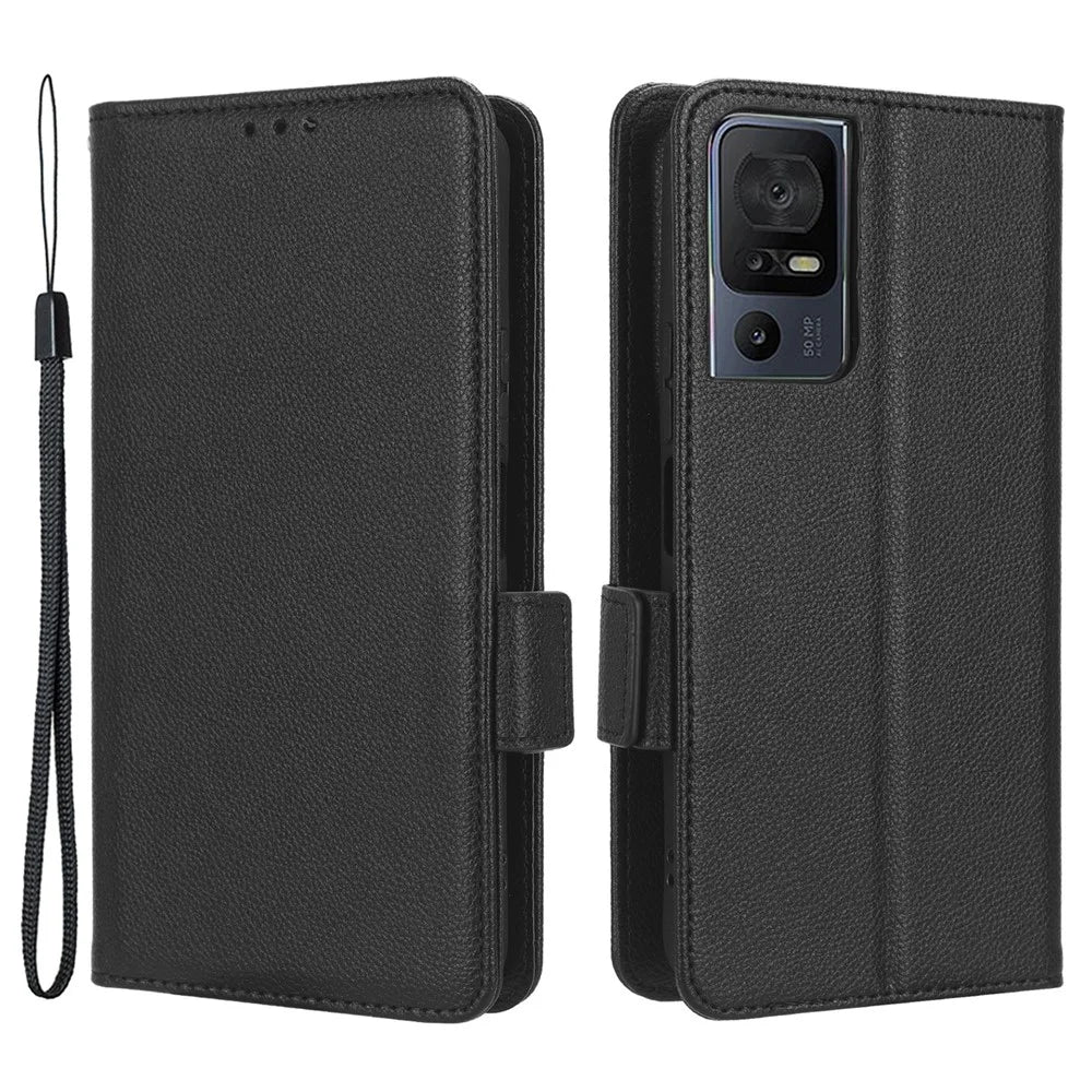 Anti-fall Leather Phone Case for TCL 40 SE, Magnetic Litchi Texture Protective Cell Phone Cover with Wallet Stand - Black - 1