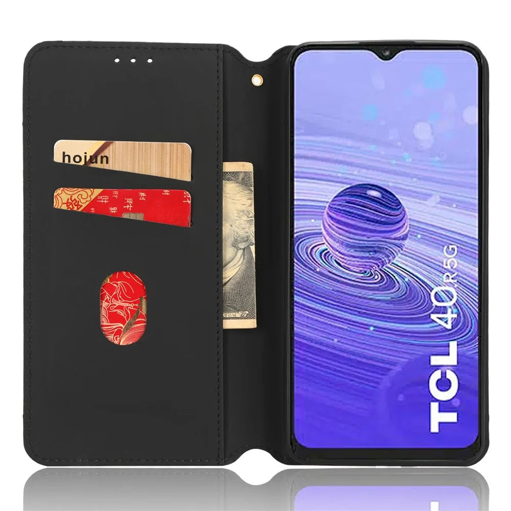 For TCL 40R 5G Cell Phone Case Wallet PU Leather Rhombus Pattern Imprinted Magnetic Closure Stand Cover - Black - 2