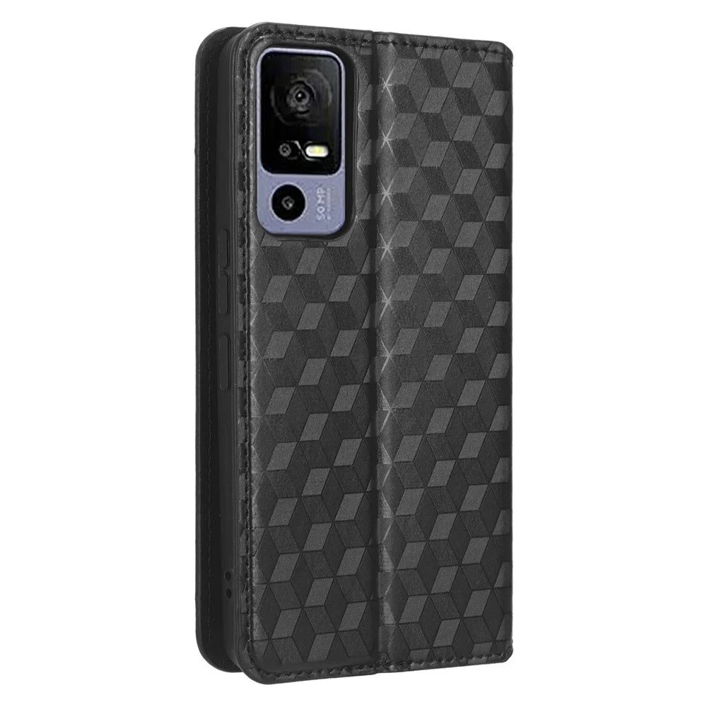 For TCL 40R 5G Cell Phone Case Wallet PU Leather Rhombus Pattern Imprinted Magnetic Closure Stand Cover - Black - 6