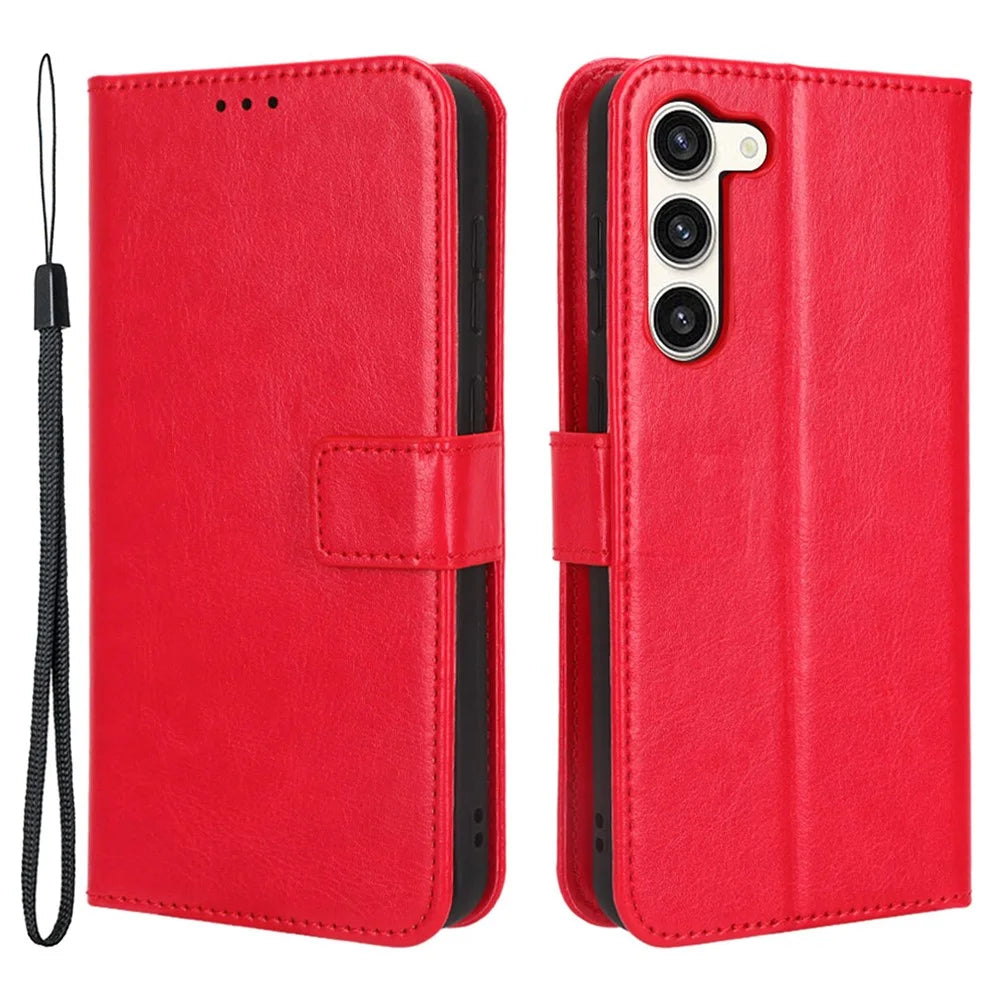 Phone Cover for Samsung Galaxy S23 Crazy Horse Texture PU Leather Flip Phone Case Wallet Stand Cover with Strap - Red - 1
