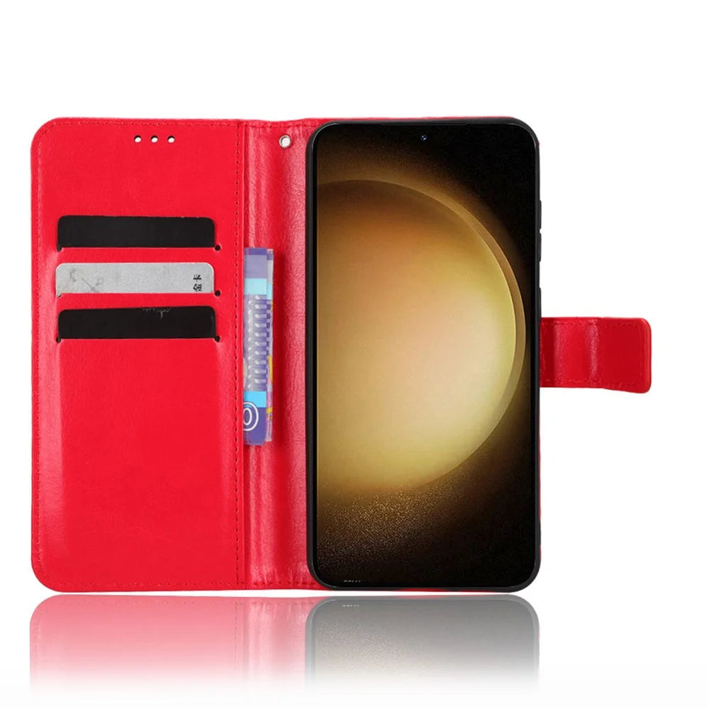Phone Cover for Samsung Galaxy S23 Crazy Horse Texture PU Leather Flip Phone Case Wallet Stand Cover with Strap - Red - 2