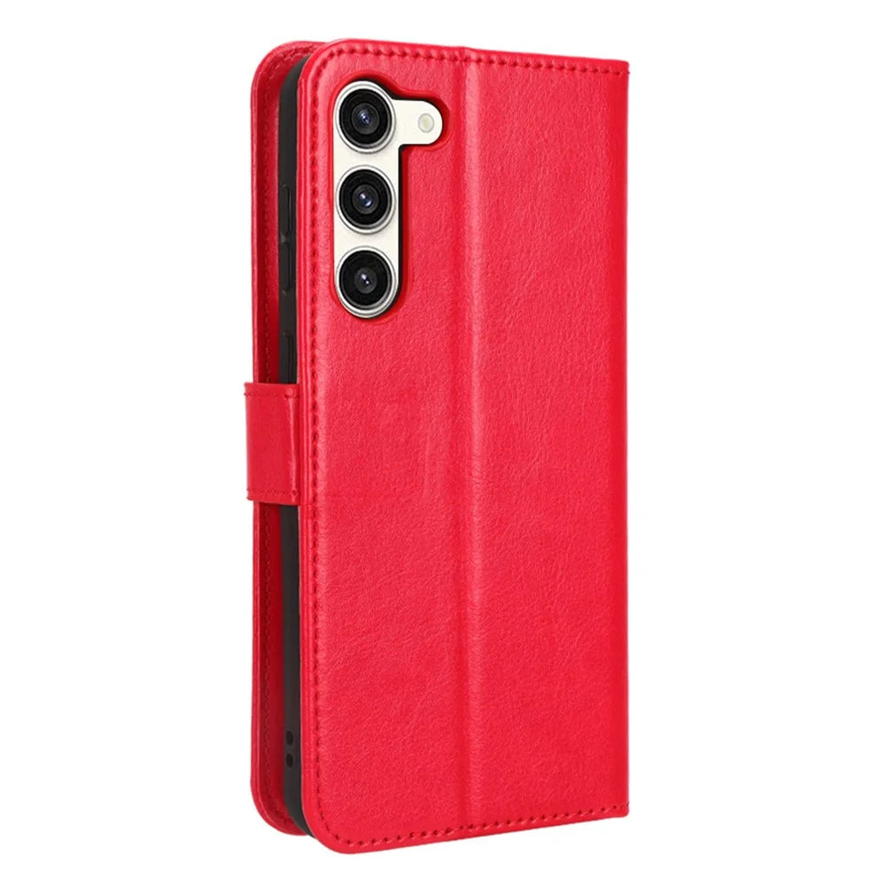 Phone Cover for Samsung Galaxy S23 Crazy Horse Texture PU Leather Flip Phone Case Wallet Stand Cover with Strap - Red - 7