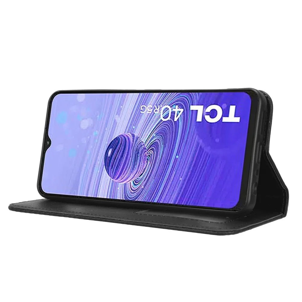 Retro Texture Phone Case for TCL 40R 5G, Fall Protection PU Leather Stand Wallet Cellphone Cover - Black - 3
