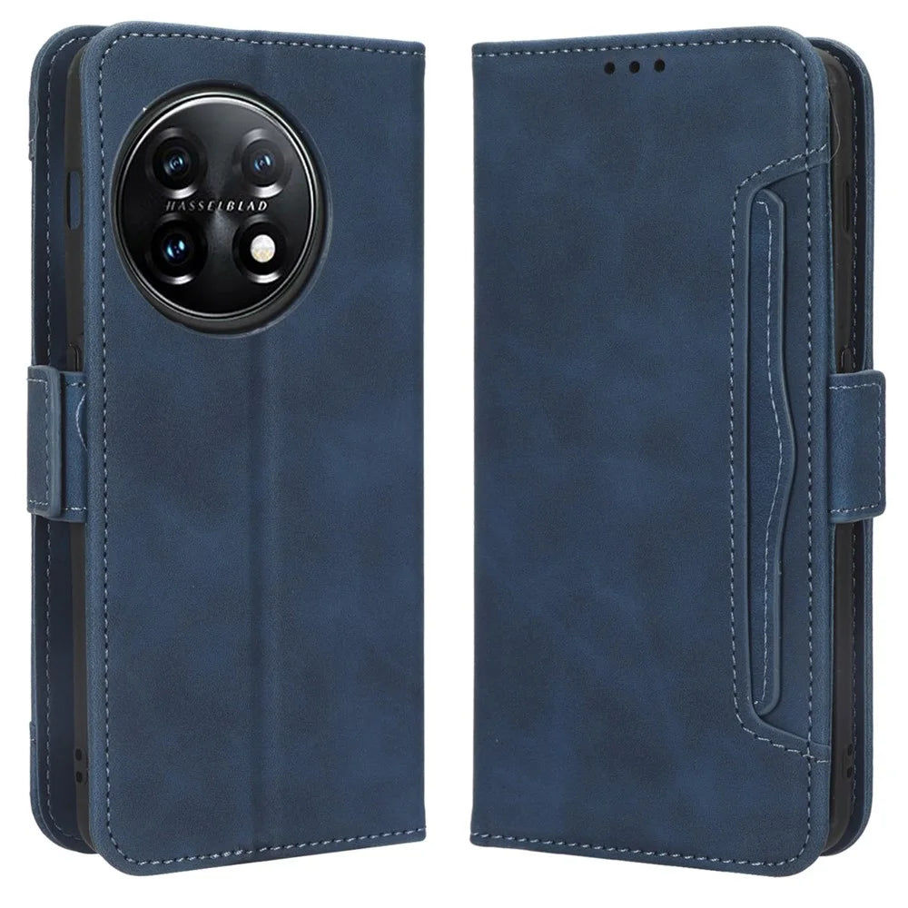 For OnePlus 11 5G PU Leather Shockproof Phone Case Stand Card Holder Magnetic Flip Wallet Cell Phone Cover - Blue - 1