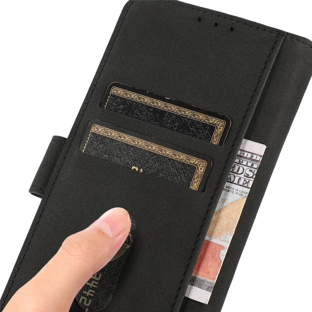 KHAZNEH PU Leather Phone Case for OnePlus 11 5G Textured Magnetic Clasp Stand Wallet Cover - Black - 4