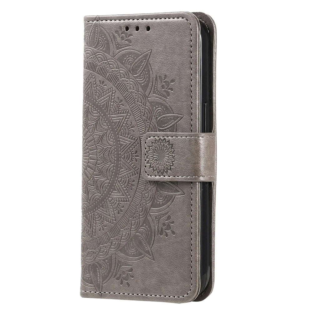 For Nokia C31 4G Mobile Phone Shell Imprinted Mandala Flower Pattern Wallet Stand Phone Cover Case with Strap - Grey - 5