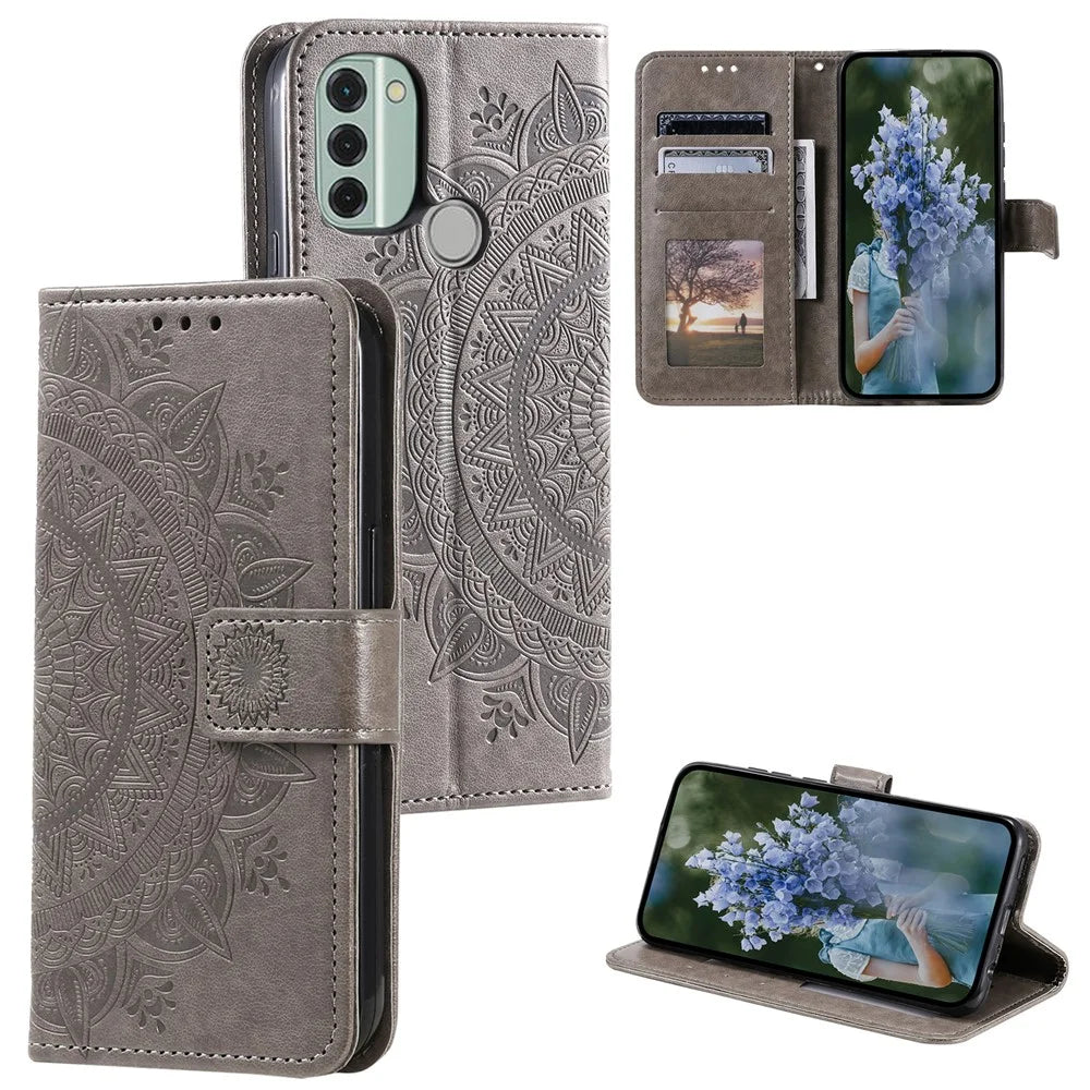 For Nokia C31 4G Mobile Phone Shell Imprinted Mandala Flower Pattern Wallet Stand Phone Cover Case with Strap - Grey - 7
