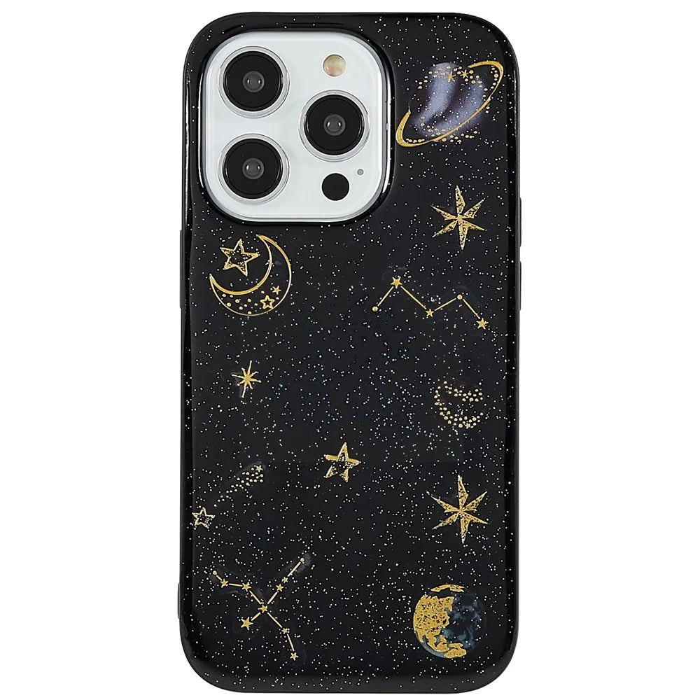 For iPhone 14 Pro Soft TPU Phone Case Star Planet Pattern Epoxy Protective Back Cover - Black - 1
