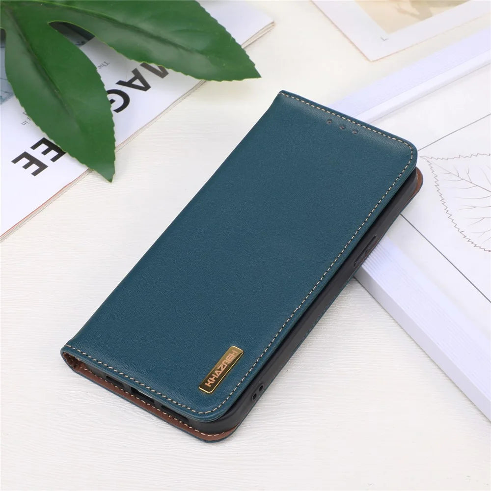 KHAZNEH Phone Case for OnePlus Nord CE 3 Lite 5G / Nord N30 5G Nappa Texture Genuine Cowhide Leather Phone Wallet Cover Stand Shell - Green - 5