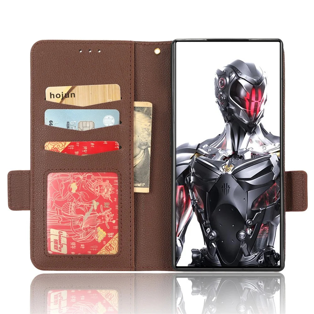 For ZTE nubia Red Magic 8 Pro+ 5G / Red Magic 8 Pro 5G Litchi Texture Leather Phone Case Dual Magnetic Clasp Wallet Stand Phone Shell - Brown - 2