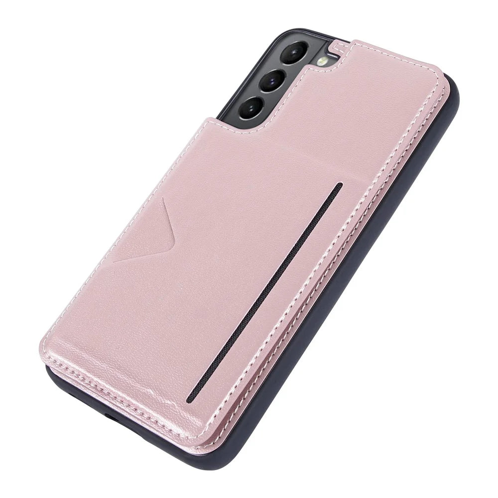 HANMAN Mika Series For Samsung Galaxy S23 PU Leather Coated TPU Protective Case Magnetic Card Slots Design Cell Phone Shell Cover - Rose Gold - 6
