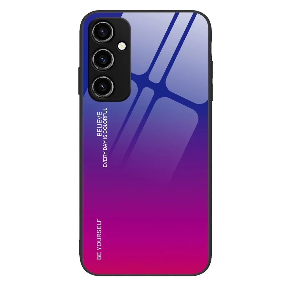 For Samsung Galaxy A34 5G Gradient Color Phone Case Tempered Glass + PC + TPU Hybrid Shell Shock Absorption Cover - Blue  /  Rose - 1