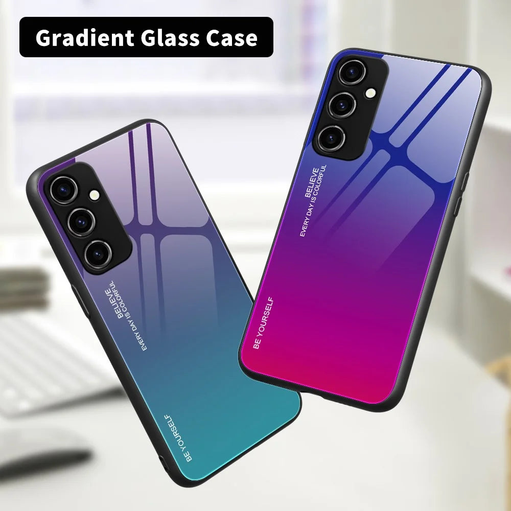 For Samsung Galaxy A34 5G Gradient Color Phone Case Tempered Glass + PC + TPU Hybrid Shell Shock Absorption Cover - Blue  /  Rose - 2