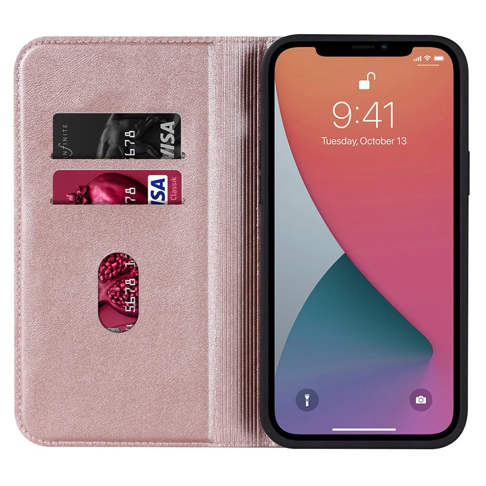 For iPhone 12 / 12 Pro 6.1 inch Magnetic Phone Case RFID Blocking PU Leather Card Holder Stand Cover Compatible with MagSafe - Rose Gold - 2