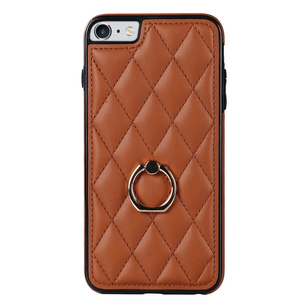For iPhone SE (2020) / SE (2022) / 7 / 8 4.7 inch PU Leather + TPU Protective Cover Imprinted Rhombus Grid Pattern Rotation Ring Kickstand Phone Case - Brown - 2