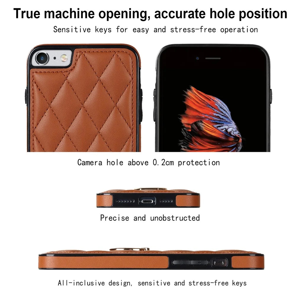 For iPhone SE (2020) / SE (2022) / 7 / 8 4.7 inch PU Leather + TPU Protective Cover Imprinted Rhombus Grid Pattern Rotation Ring Kickstand Phone Case - Brown - 3