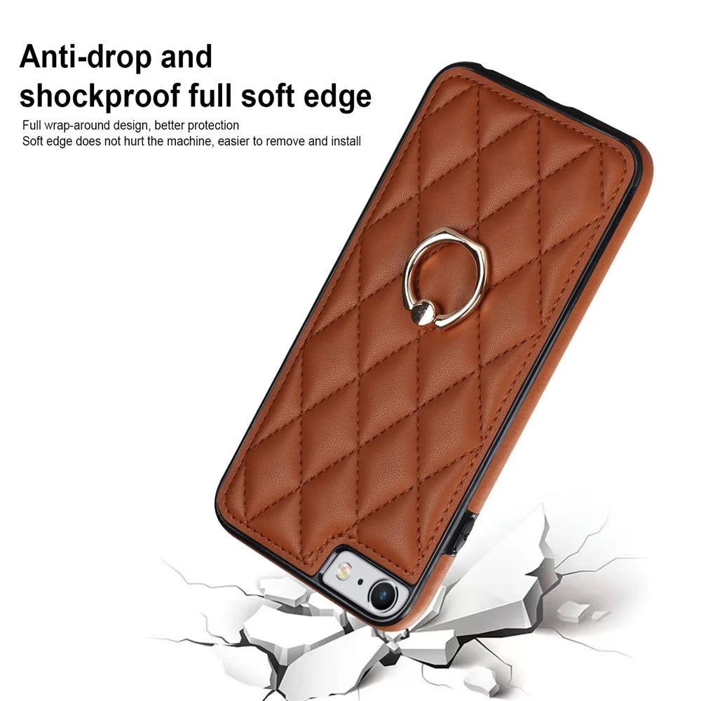 For iPhone SE (2020) / SE (2022) / 7 / 8 4.7 inch PU Leather + TPU Protective Cover Imprinted Rhombus Grid Pattern Rotation Ring Kickstand Phone Case - Brown - 5
