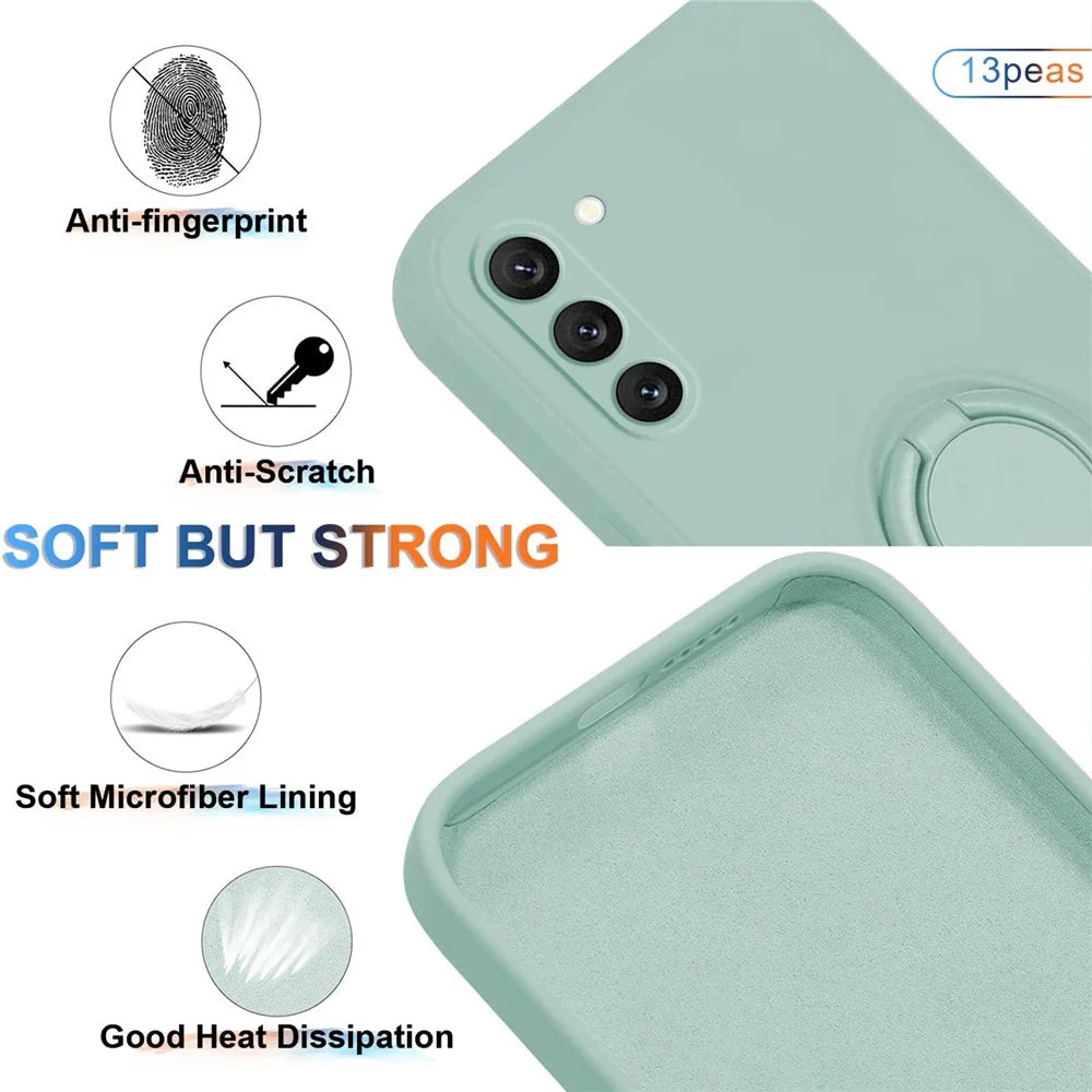 For Samsung Galaxy S23+ Protective Phone Case Ring Kickstand Liquid Silicone Phone Cover with Lanyard - Cyan - 2