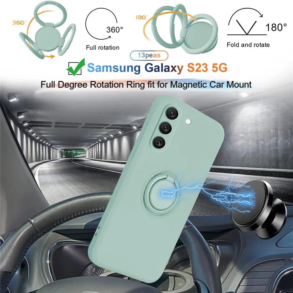 For Samsung Galaxy S23+ Protective Phone Case Ring Kickstand Liquid Silicone Phone Cover with Lanyard - Cyan - 7