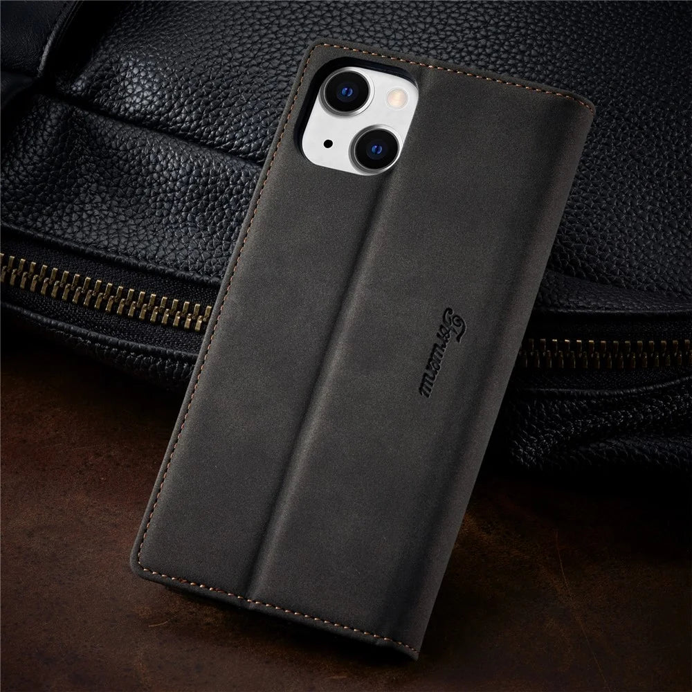 FORWENW Cell Phone Cover for iPhone 14 , F1 Series Shockproof PU Leather Phone Case Wallet Stand - Black - 6