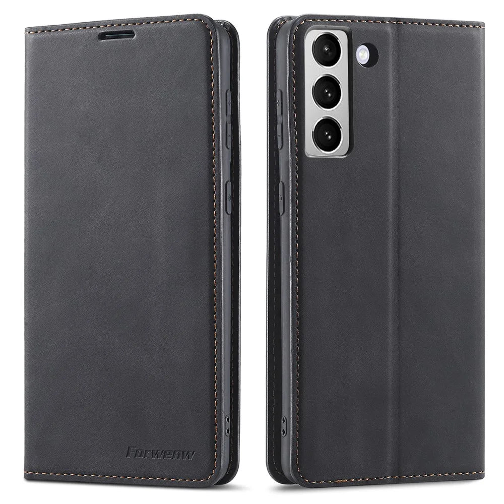 FORWENW for Samsung Galaxy S23 Fantasy Series Shockproof Phone Cover Stand Skin-friendly Leather Phone Case Wallet - Black - 1