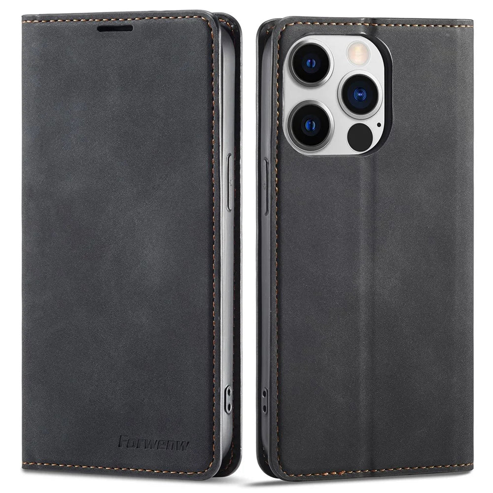 FORWENW Anti-drop Phone Case for iPhone 14 Pro Max , Skin-touch Phone Cover Stand Fantasy Series Leather Wallet Case - Black - 1