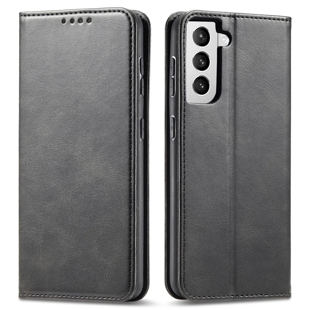 Leather Phone Case For Samsung Galaxy S21 4G / 5G , Wallet Magnetic Stand Calf Texture Anti-scratch Phone Cover - Black - 1