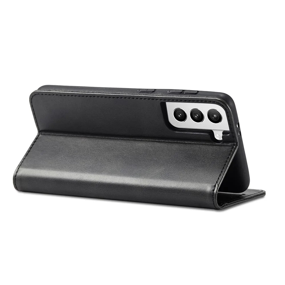 For Samsung Galaxy S21+ 5G Anti-drop Phone Case Stand Calf Texture Flip Phone Cover Card Holder - Black - 3
