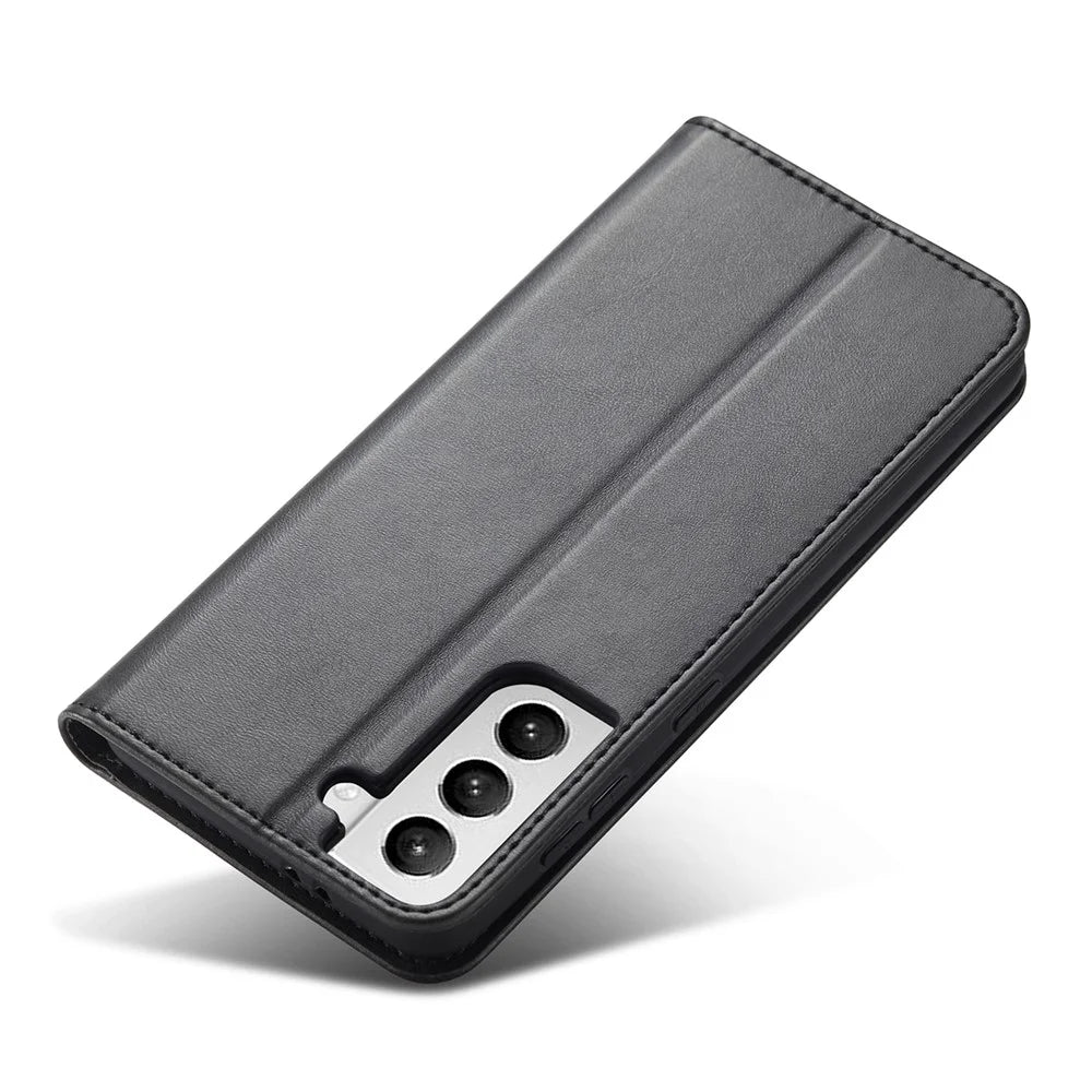 For Samsung Galaxy S21+ 5G Anti-drop Phone Case Stand Calf Texture Flip Phone Cover Card Holder - Black - 4