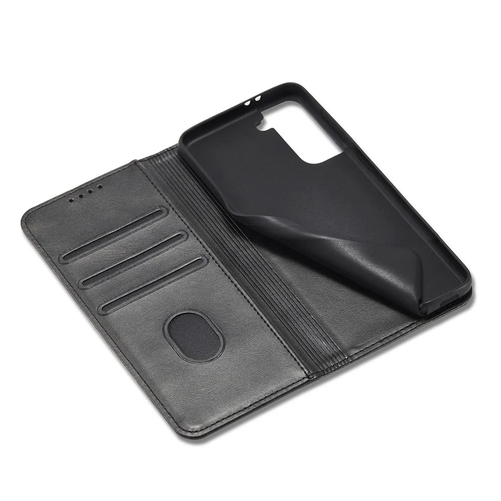 For Samsung Galaxy S21+ 5G Anti-drop Phone Case Stand Calf Texture Flip Phone Cover Card Holder - Black - 6