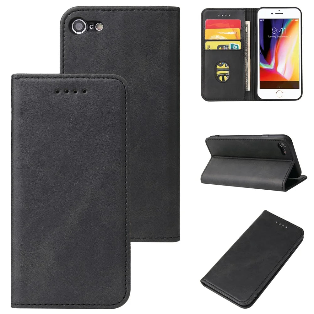 For iPhone SE (2020) / SE (2022) / 7 / 8 4.7 inch Calf Texture Wallet Magnetic Leather Stand Phone Case - Black - 6