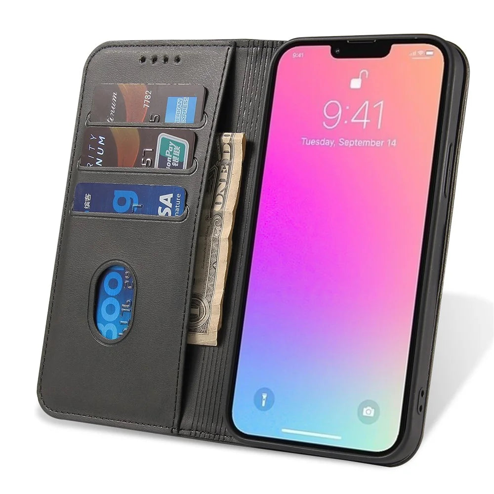 For iPhone 14 Pro Magnetic Leather Phone Case Stand Calf Texture Phone Cover - Black - 2