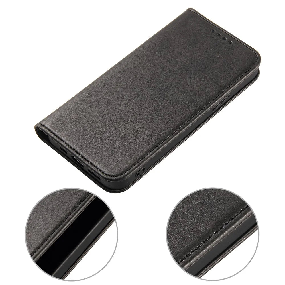 For iPhone 14 Pro Magnetic Leather Phone Case Stand Calf Texture Phone Cover - Black - 6
