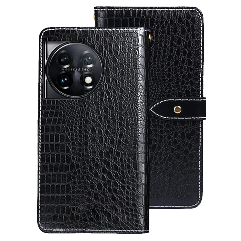 IDEWEI For OnePlus 11 5G Anti-scratch Phone Flip Cover Crocodile Texture PU Leather Magnetic Closure Wallet Stand Phone Case - Black - 1