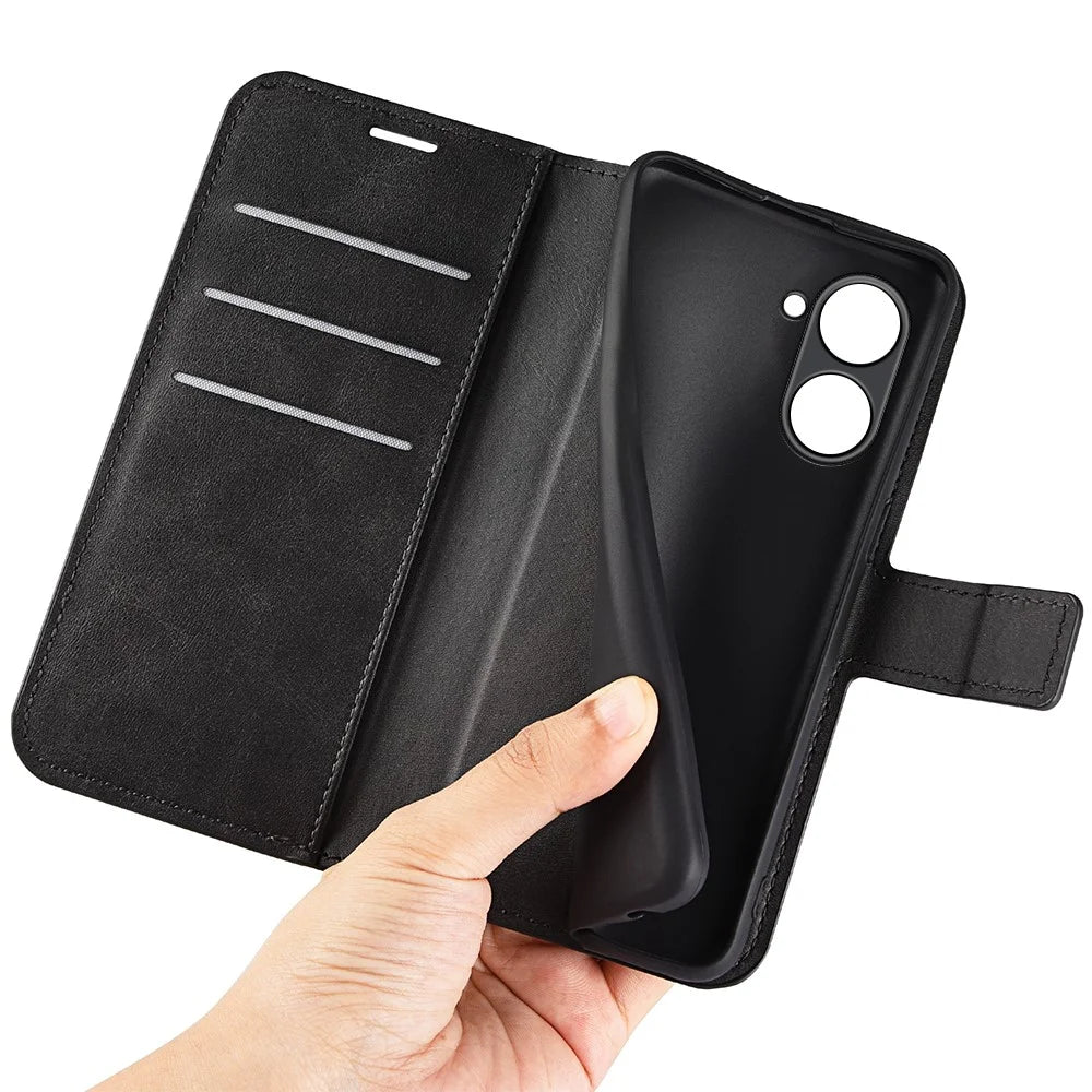 For Realme 10 4G Wallet Phone Case Magnetic Clasp Calf Texture PU Leather Stand Phone Cover - Black - 5