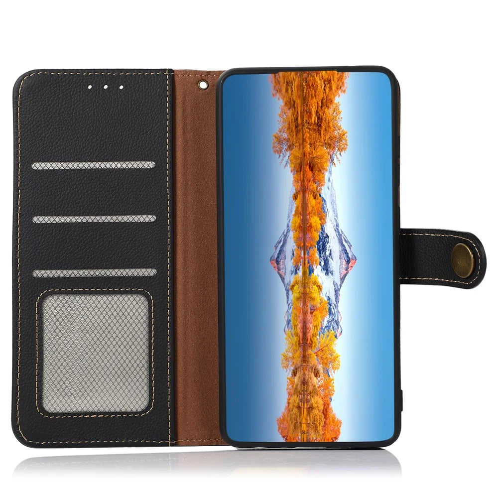 KHAZNEH For Sony Xperia 10 V RFID Blocking Phone Case Wallet Stand Genuine Cow Leather Cover - Black - 3