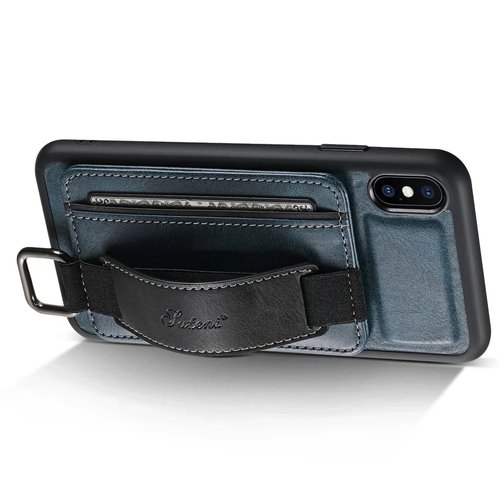 SUTENI H13 Hand Strap Kickstand Phone Case for iPhone XS Max Card Holder PU Leather Coated PC + TPU Cover - Blue - 3