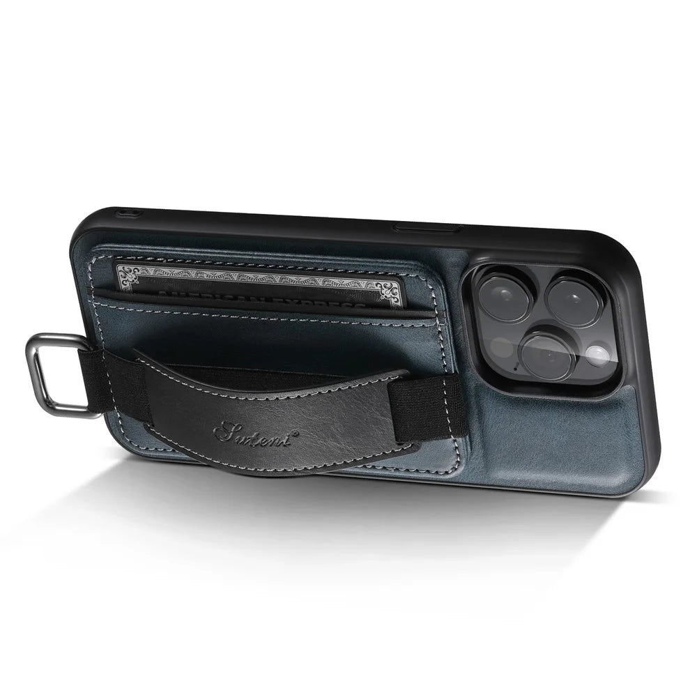SUTENI H13 Kickstand Cell Phone Cover for iPhone 14 Pro Leather Coated PC + TPU Card Slots Phone Case with Hand Strap - Blue - 3