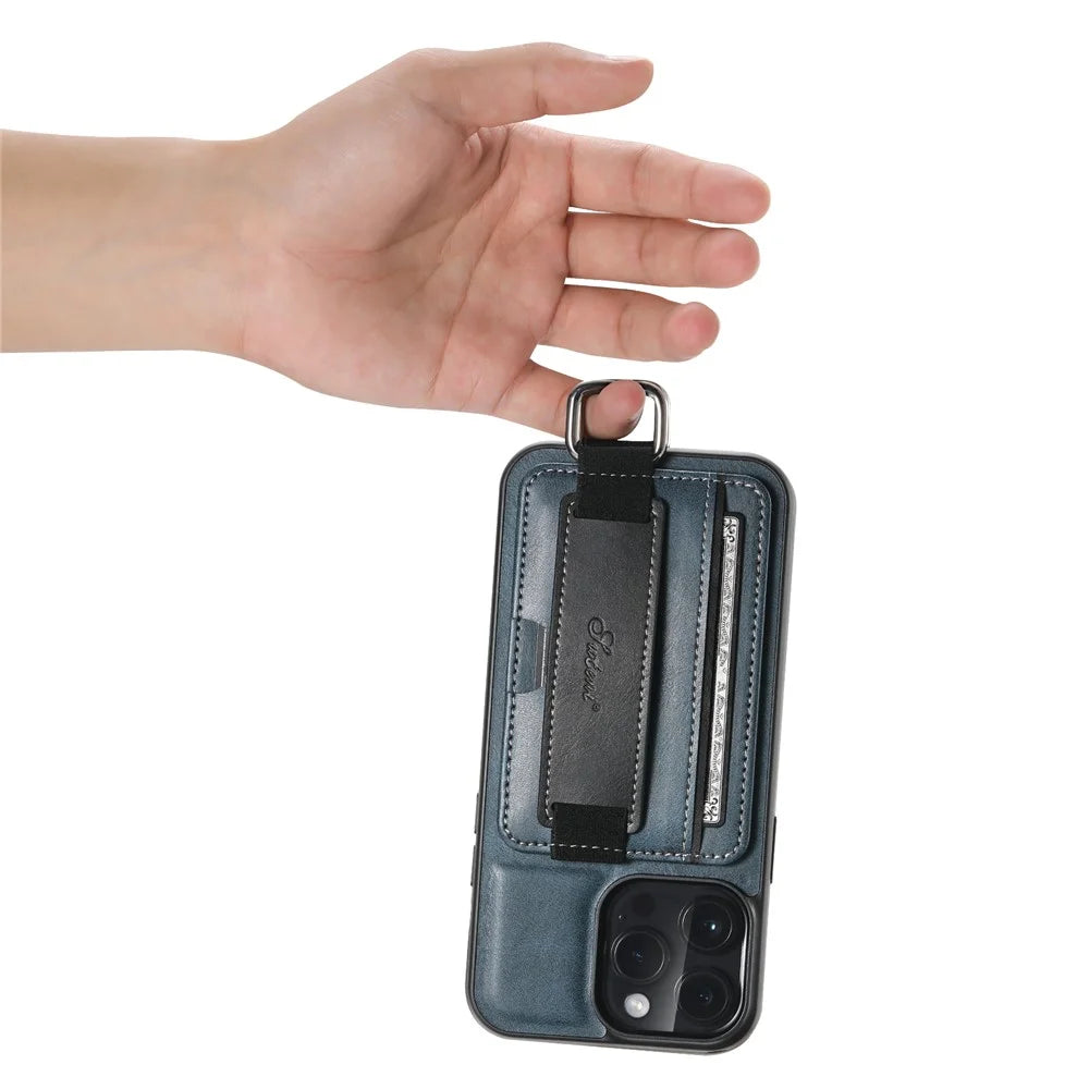 SUTENI H13 Kickstand Cell Phone Cover for iPhone 14 Pro Leather Coated PC + TPU Card Slots Phone Case with Hand Strap - Blue - 6