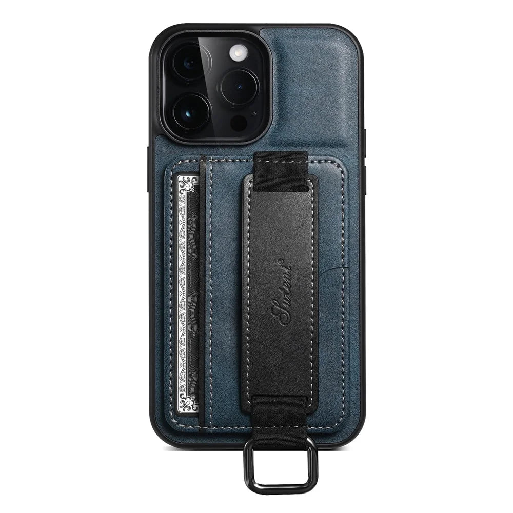 SUTENI H13 Card Holder Phone Case for iPhone 12 Pro Leather Coated PC + TPU Kickstand Phone Cover with Hand Strap - Blue - 2