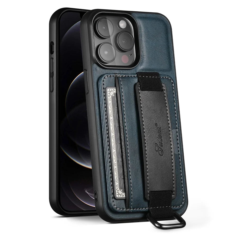 SUTENI H13 Phone Kickstand Case for iPhone 12 Pro Max Card Holder Leather Coated PC + TPU Hand Strap Phone Cover - Blue - 1