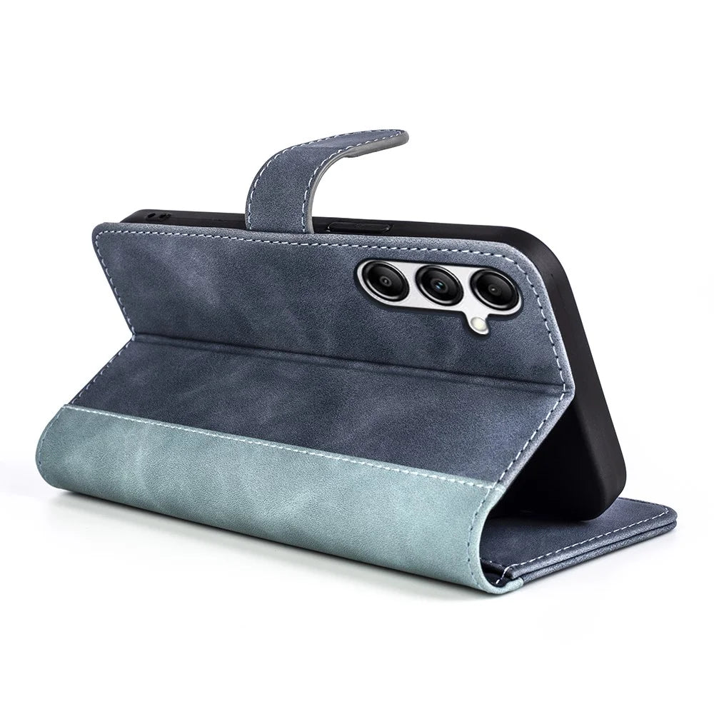 For Samsung Galaxy A34 5G Wallet Case Dual Color Splicing Stand PU Leather Phone Cover - Blue - 3