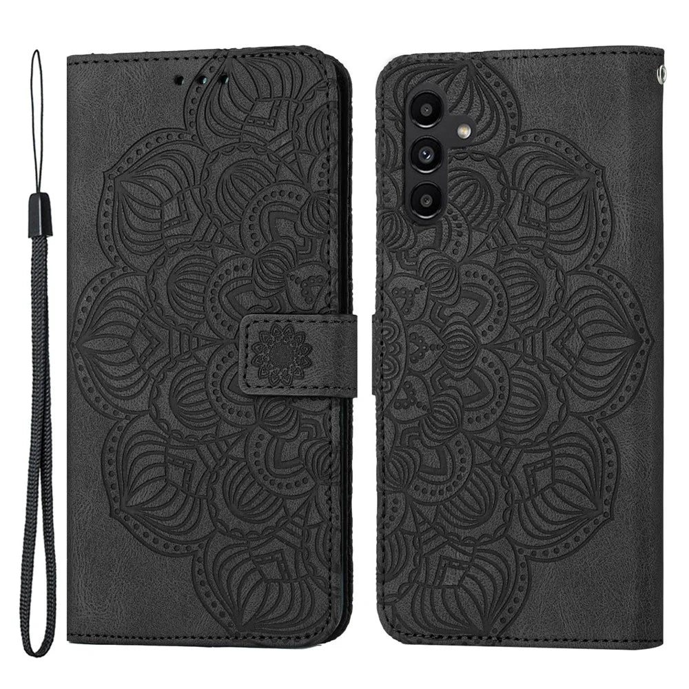 Flip Leather Phone Case For Samsung Galaxy A24 4G (162.1 x 77.6 x 8.3mm) Imprinting Mandala Flower Phone Wallet Cover Stand - Black - 1