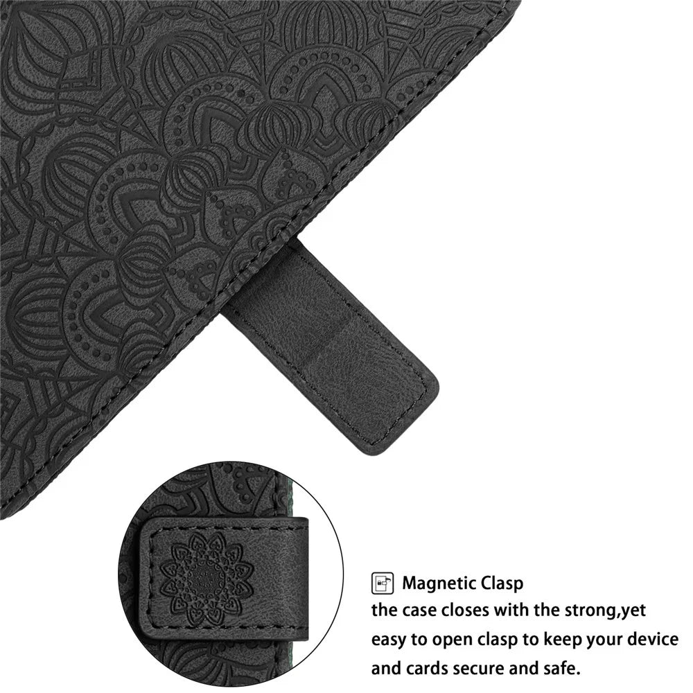 Flip Leather Phone Case For Samsung Galaxy A24 4G (162.1 x 77.6 x 8.3mm) Imprinting Mandala Flower Phone Wallet Cover Stand - Black - 5