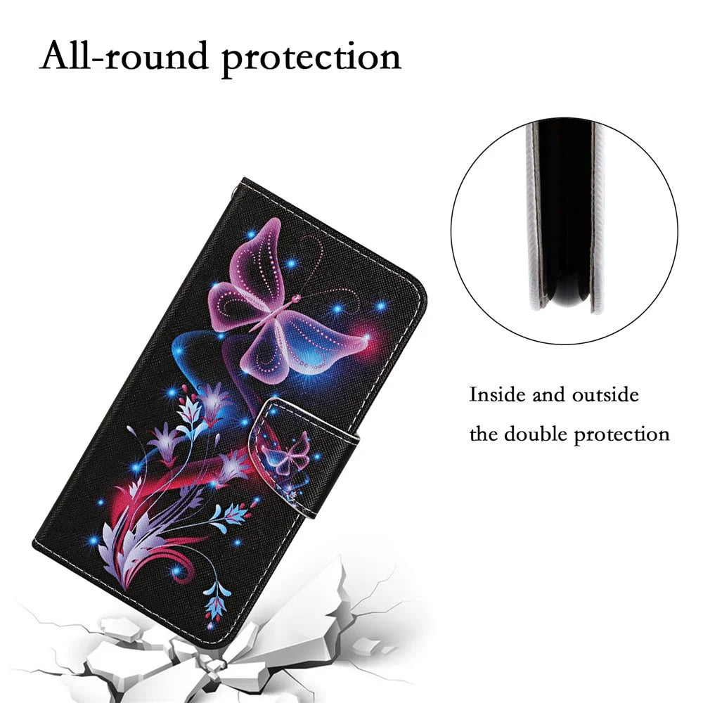 For Samsung Galaxy A24 4G (162.1 x 77.6 x 8.3mm) Wallet Phone Case PU Leather Pattern Printing Stand Flip Cover - Fluorescent Butterflies - 5