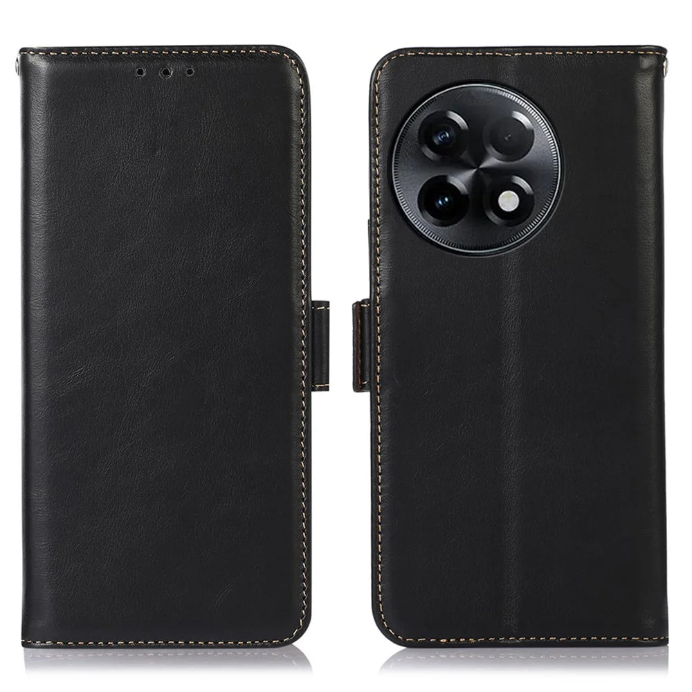 For OnePlus Ace 2 5G / 11R 5G RFID Blocking Phone Cover Stand Wallet Genuine Cowhide Leather Case - Black - 1
