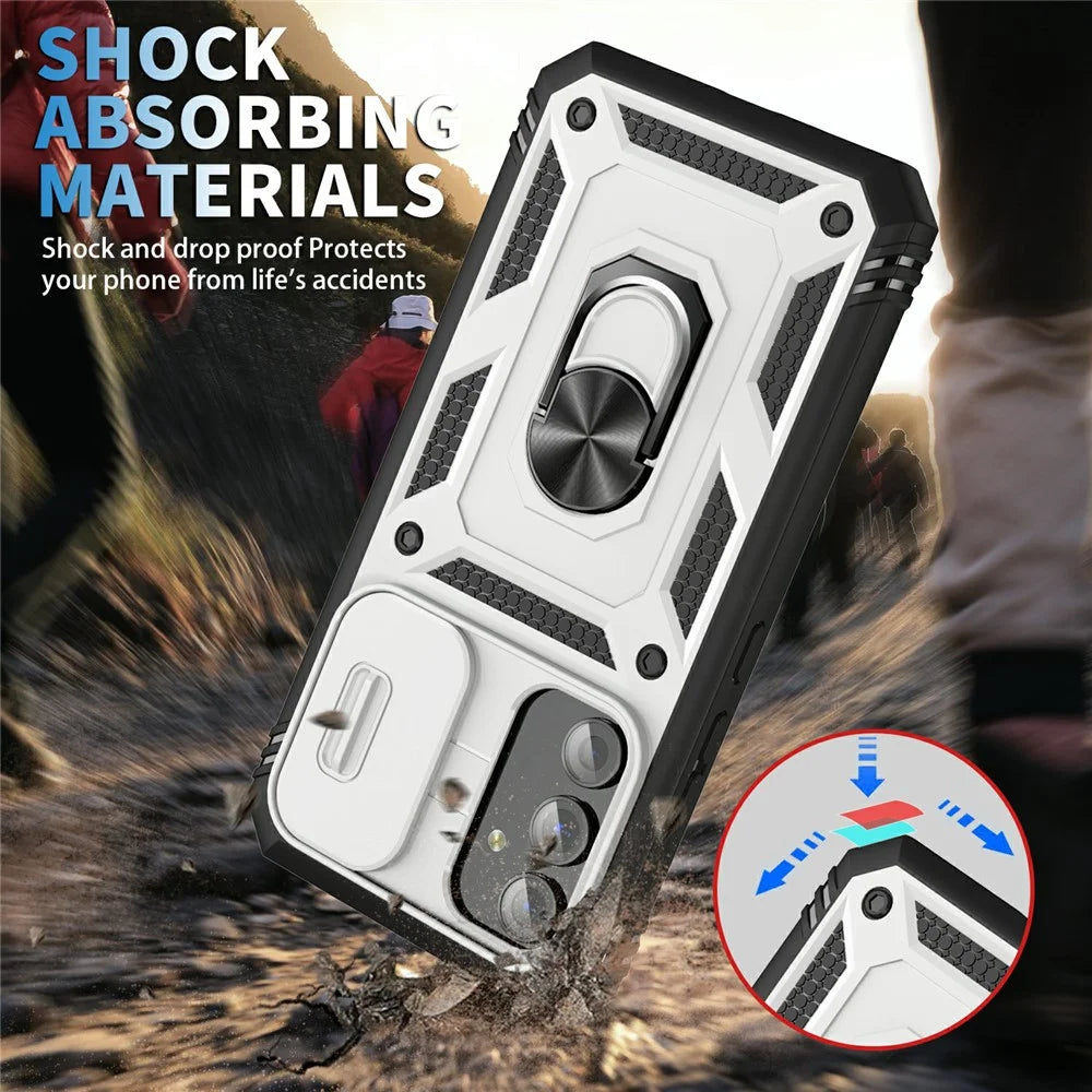 For Samsung Galaxy A54 5G PC TPU Case Kickstand Shockproof Cover with Card Slot, Lens Guard - White / Black - 2