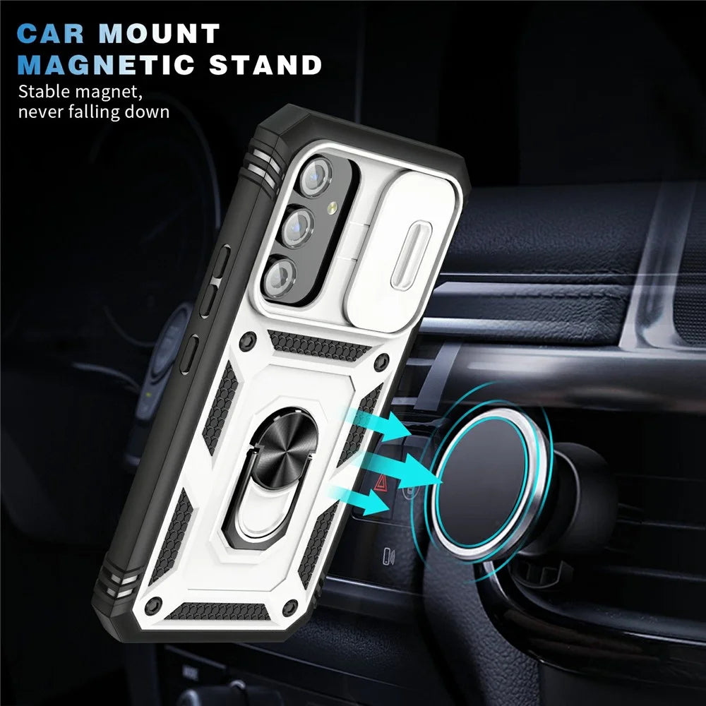 For Samsung Galaxy A54 5G PC TPU Case Kickstand Shockproof Cover with Card Slot, Lens Guard - White / Black - 5